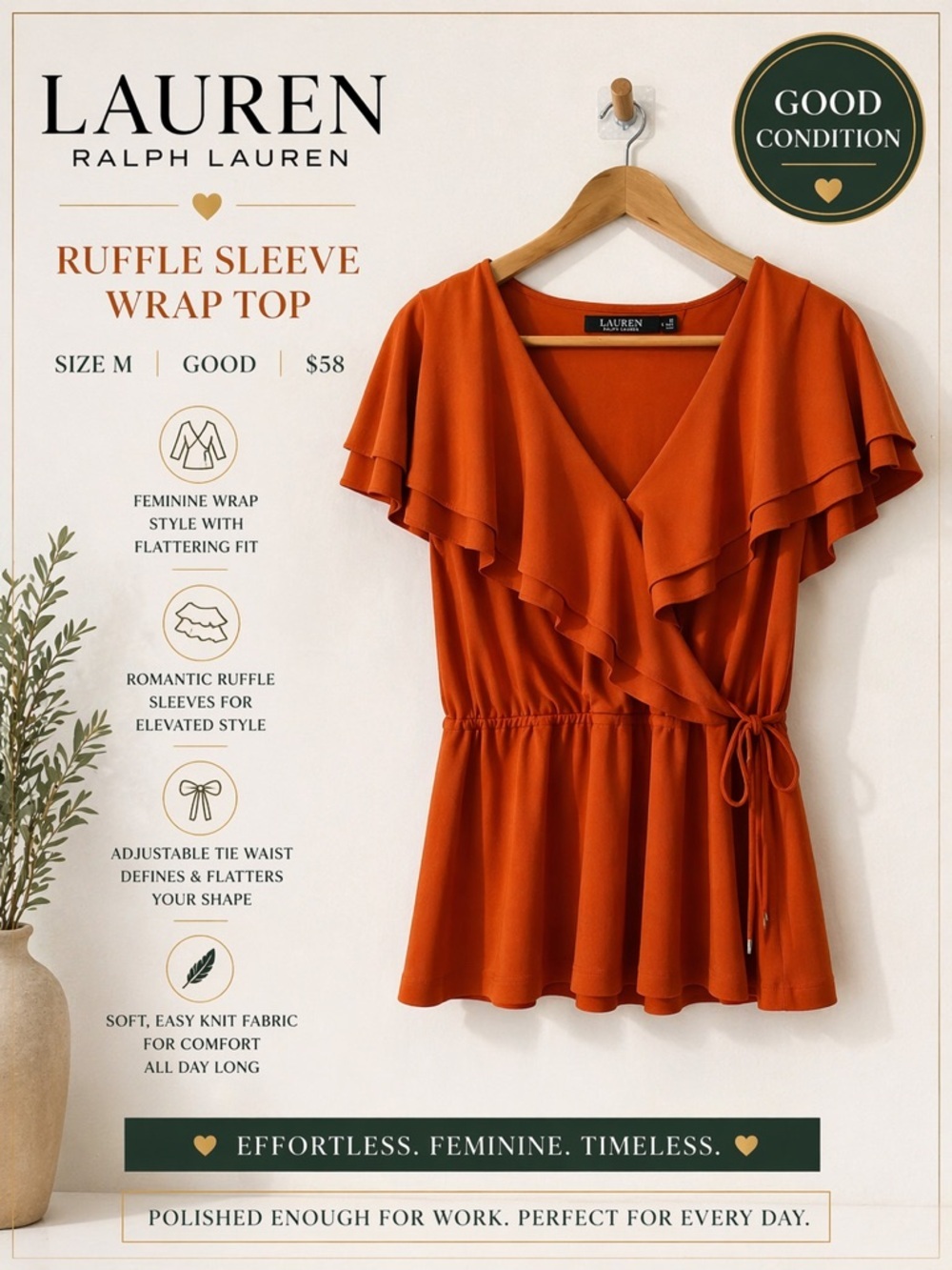 Lauren Ralph Lauren Dark Orange Ruffle Sleeve Wrap Top Size M